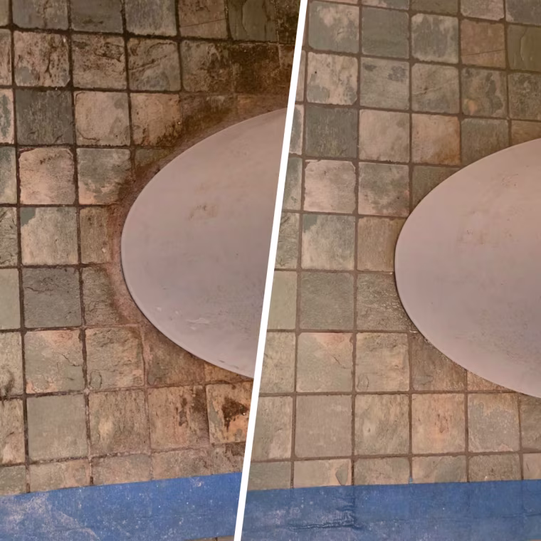 Before and after the Black Diamond grout cleaner was used on the area around the toilet.