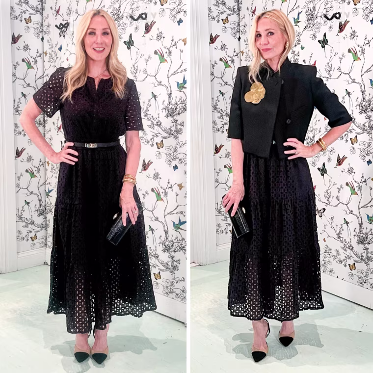 Shop TODAY contributor Chassie Post styles the Zesica Short Sleeve Eyelet Maxi Dress for summer (left) and fall (right).