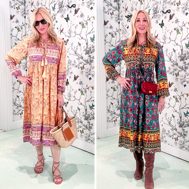 Shop TODAY contributor Chassie Post styles the R.Vivimos Long Sleeve Floral Boho Midi Dress for summer (left) and fall (right).