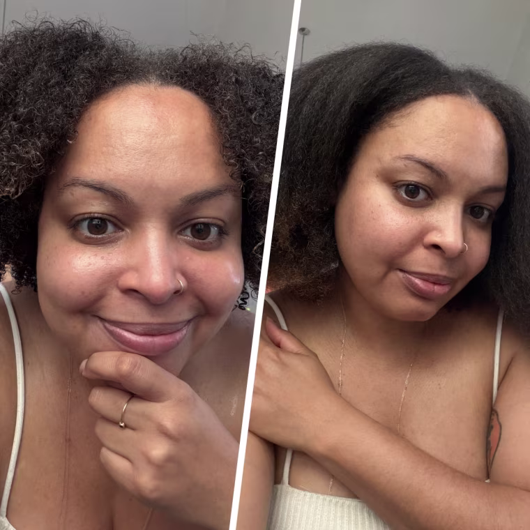 Before and after Bianca Clendenin testing the Cécred Thermal Shield Mist.