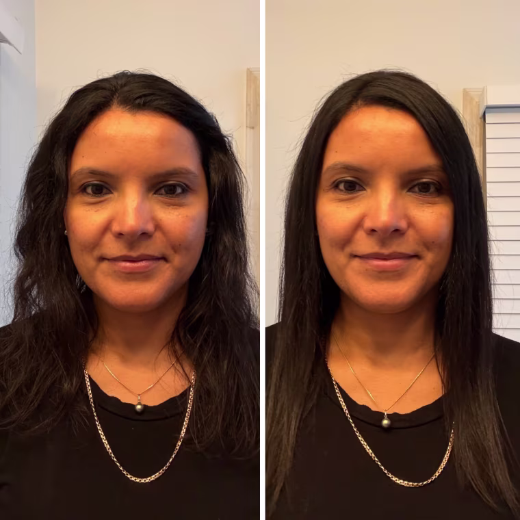 Tester Vanessa Gavidia before (left) and after (right) using the Chi Lava MiniStyler.