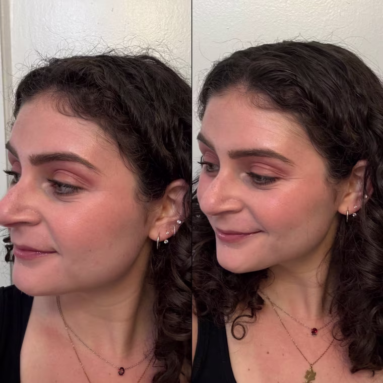 Before and after of woman applying taming wand to hair