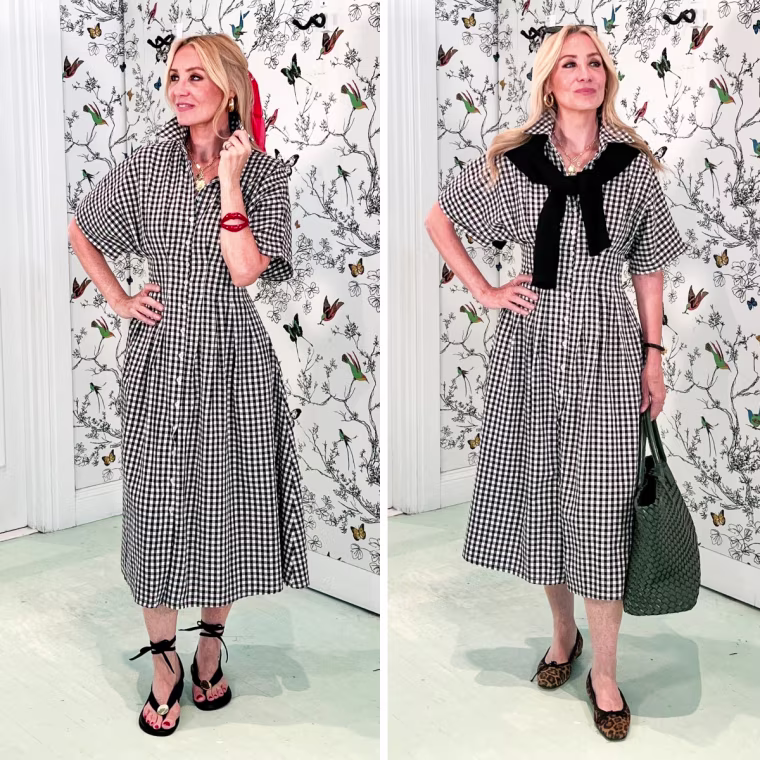 Shop TODAY contributor Chassie Post styles the Yeokou Short Sleeve Gingham Shirt Dress for summer (left) and fall (right).