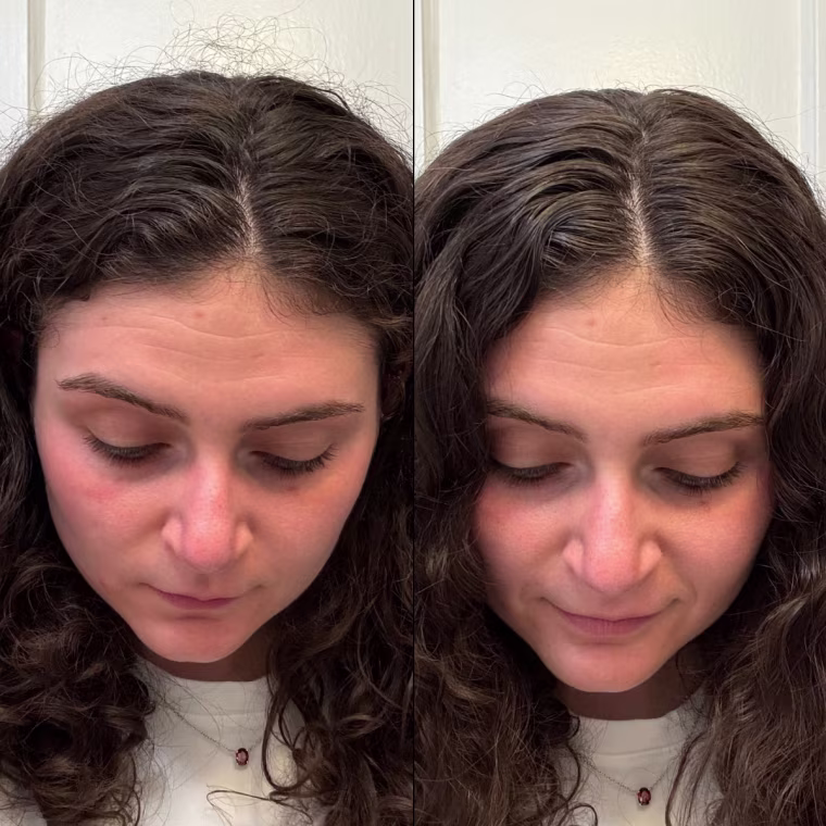 Before and after of woman applying taming wand