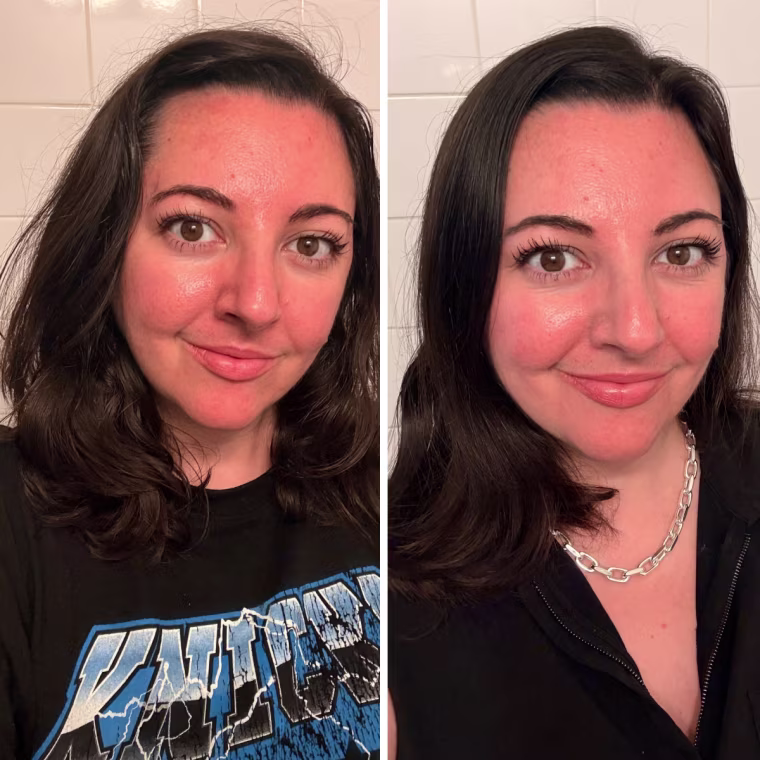 Deputy managing editor Jess Bender before (left) and after (right) treating her hair with the Inde Wild Champi Hair Oil
