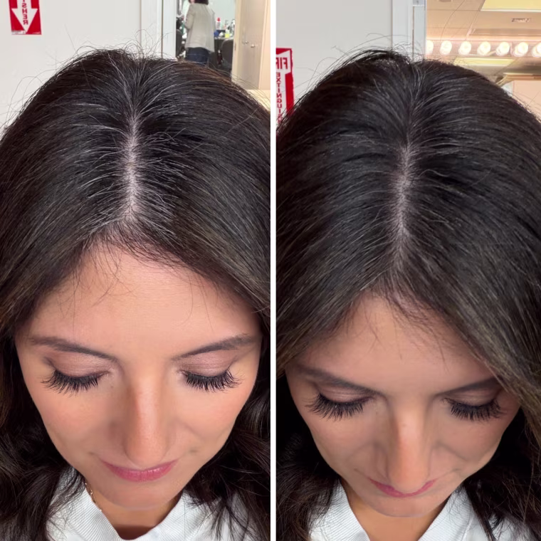 Executive editor Adrianna Brach before (left) and after (right) using the Laura Geller Root Touch-Up.