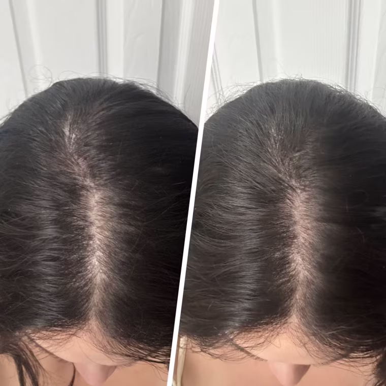 Former associate editor Madison San Miguel before (left) and after (right) using the Living Proof Sheer Clean Non-Aerosol Dry Shampoo Mist.