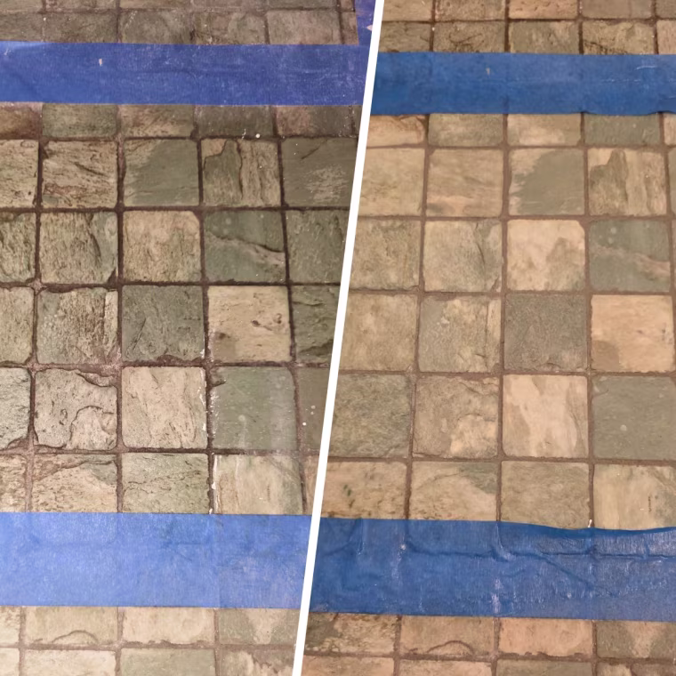 Before and after using the Magic Grout Cleaner on a tiled area.