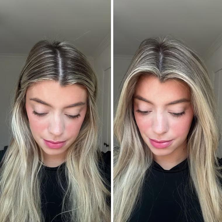 Commerce partnerships coordinator Jess Granito before (left) and after (right) using the Mise En Scene Tap & Clear Dry Shampoo