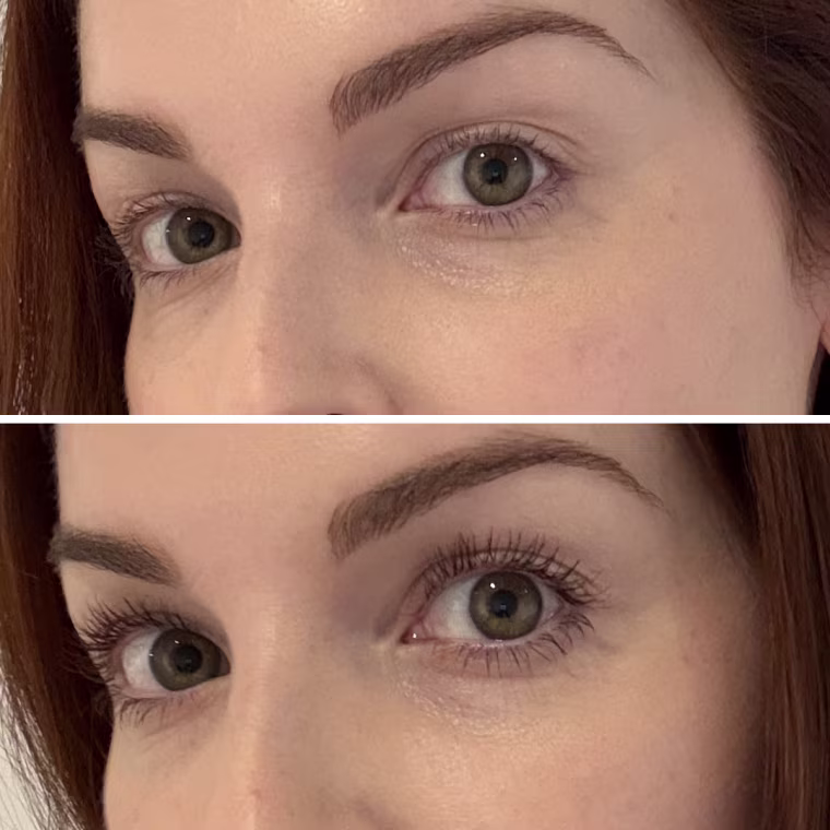 Editor Shannon Garlin before (top) and after (bottom) wearing the Nars Notorious Mascara.