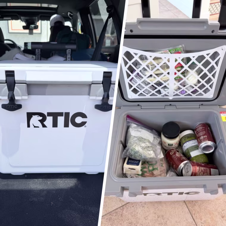 The RTIC cooler easily fit in our trunk (left) and kept our groceries cool for hours on end (right).