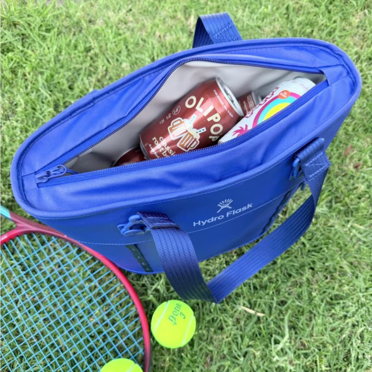 The Hydro Flask tote packed with cans to keep us hydrated during an afternoon of playing tennis.