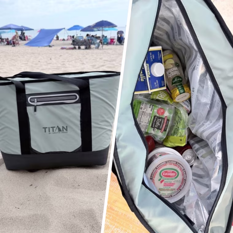 The Titan cooler tote is perfect for beach days (left) and grocery runs (right).