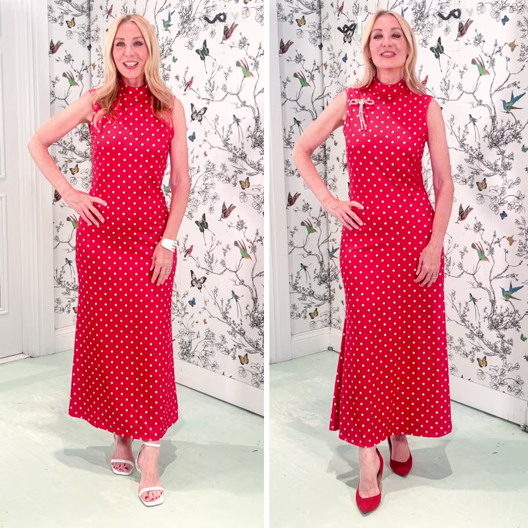 Shop TODAY contributor Chassie Post styles the Milumia Polka Dot Mock Neck Maxi Dress for summer (left) and fall and winter (right).