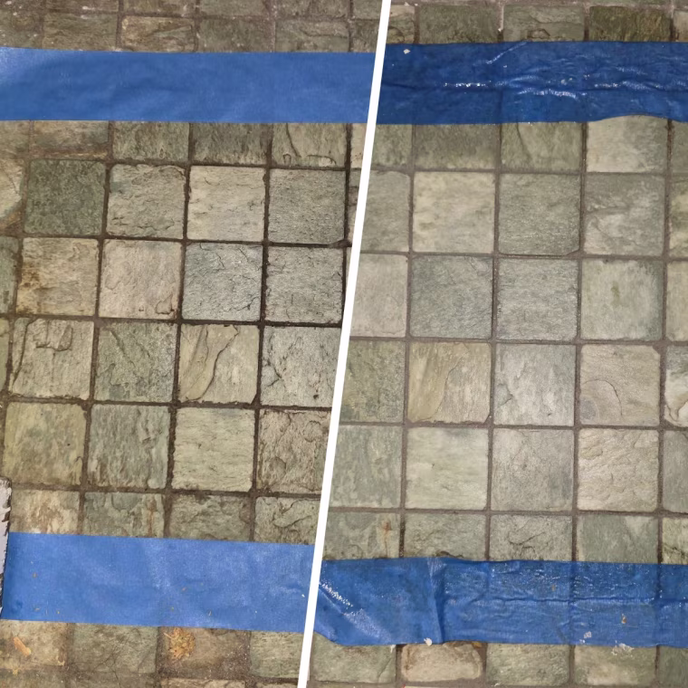 Before (left) and after (right) The Rock Doctor grout cleaner left the floors looking like new.