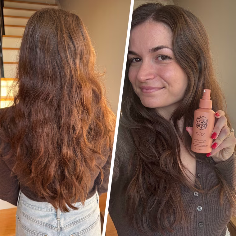 A before and after of Francesca Cocchi Zabloudil testing the Roz Wave Ocean Mist Texturizing Spray.
