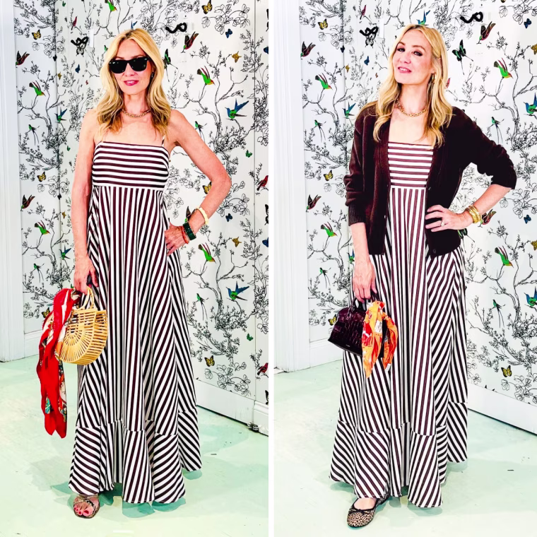 Shop TODAY contributor Chassie Post styles the Nufiwi Striped Flowy Maxi Dress for summer (left) and fall (right).