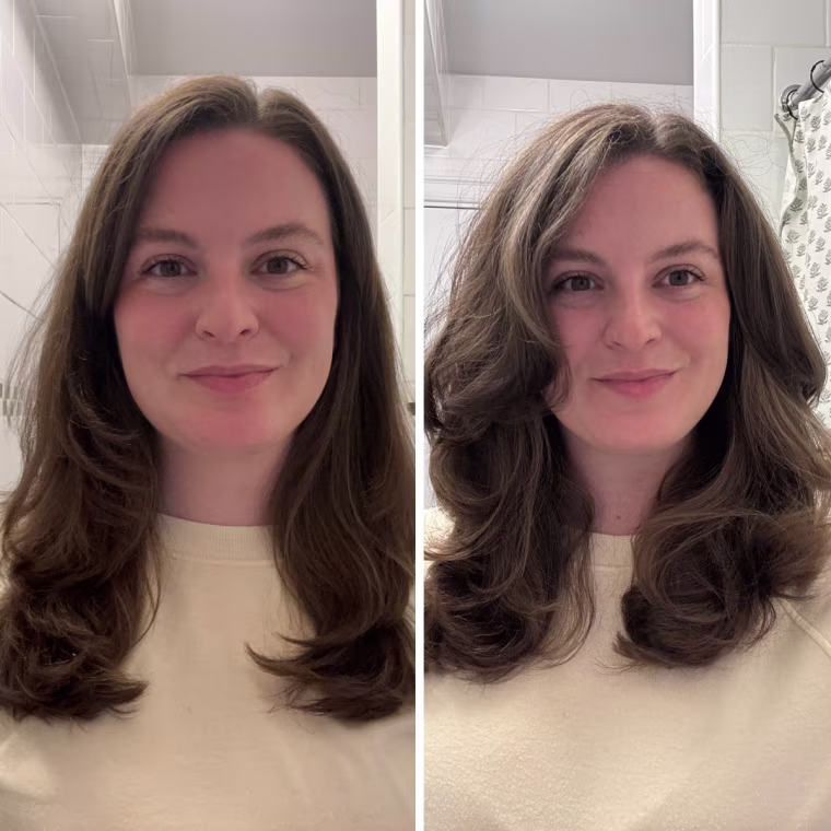 Editor, partnerships, Kara Quill before (left) and after (right) using The Hair Edit Ceramic Volumizing Rollers