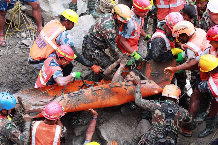 The rescue operation at the Trishuli-3A hydropower project on Friday.