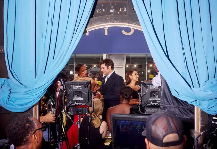 Adam Brody is interviewed on the Emmys carpet.