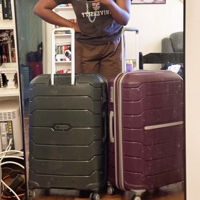 A cropped mirror selfie of a black checked luggage and a purple checked luggage in a living room.