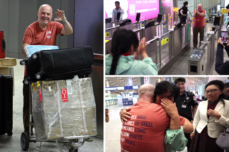Sakolsky bids farewell to Yin at Beijing Capital International Airport as he concludes his trip, right, and arriving back in Washington on Sept. 1, left.