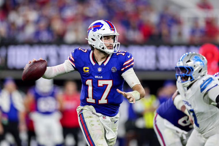 Josh Allen #17 of the Buffalo Bills throwing a pass.