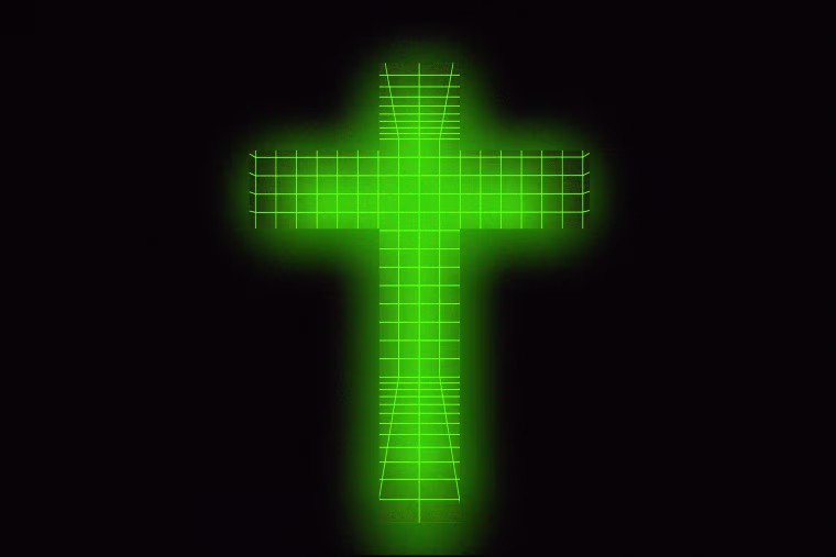 A cross made of a 3D grid, glowing green.