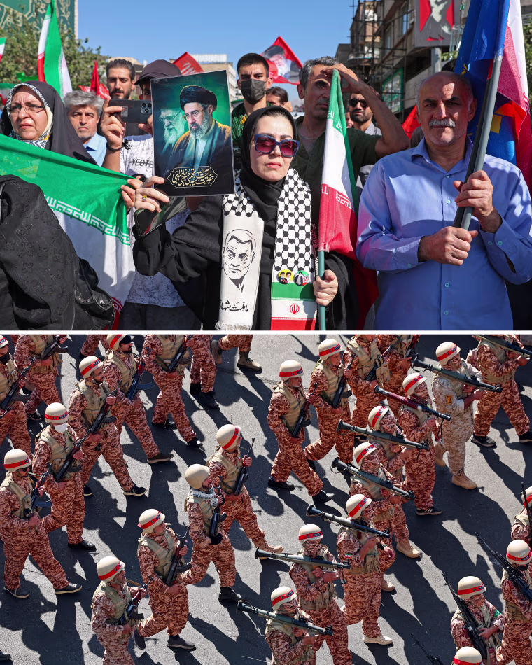 Image: A two-part photo composite of images from a rally in Tehran. The top image shows a woman holding a portrait of Iran's supreme leader Ayatollah Mojtaba Khamenei, the bottom image shows members of Iran's Basij paramilitary force marching.