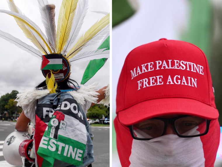 A diptych image showing pro-Palestine protestors outdoors.