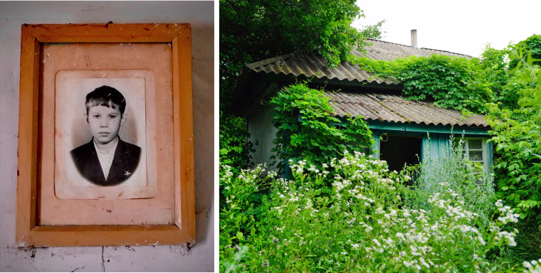 A photo of Vlodymyr Srebrodolsky as a child (left) and his childhood home (right).