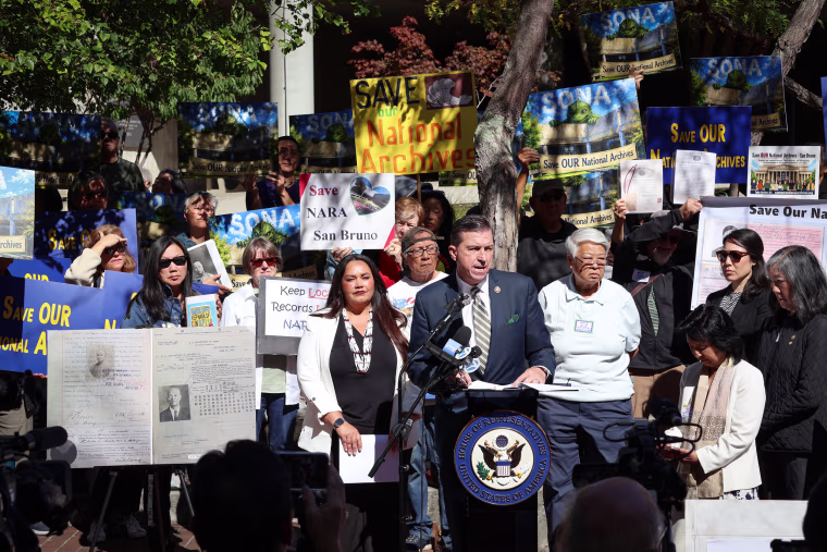 Rep. Kevin Mullin, D-Calif., rallies on Aug. 24, 2026 with Asian American, tribal leaders and other community members