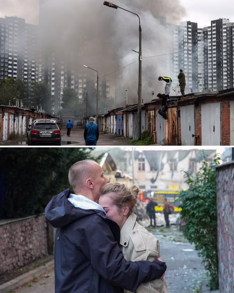 Smoke rising in Kyiv following a Russian air attack on Thursday, above, and Ukrainians reacting to a separate Russian strike in Kyiv on Friday.