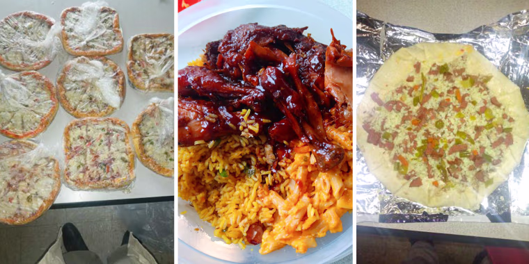 A three image composite showing images of food, pizzas are seen as well as rice, meat, and mac and cheese