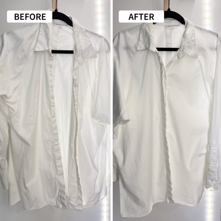 Before and after using the Conair Garment Steamer on a cotton button-down shirt.
