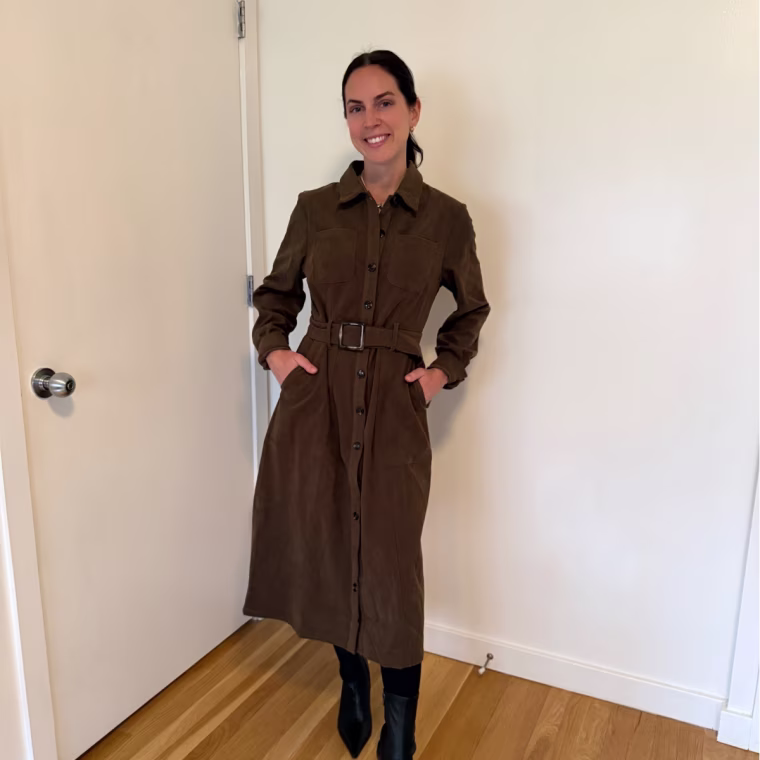 Julie Ricevuto wearing the Corduroy Belted Button Down Midi Dress