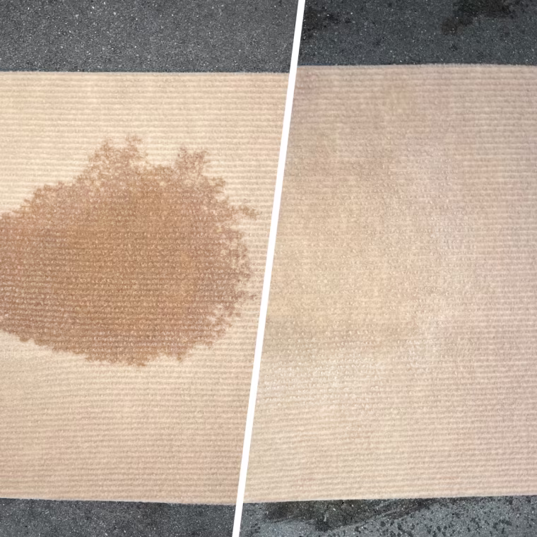 Before (left) and after (right) using the Dirt Devil portable carpet cleaner on a coffee stain.