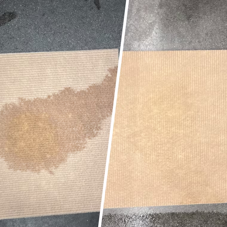 Before (left) and after (right) using the Kenmore portable carpet cleaner on a coffee stain.