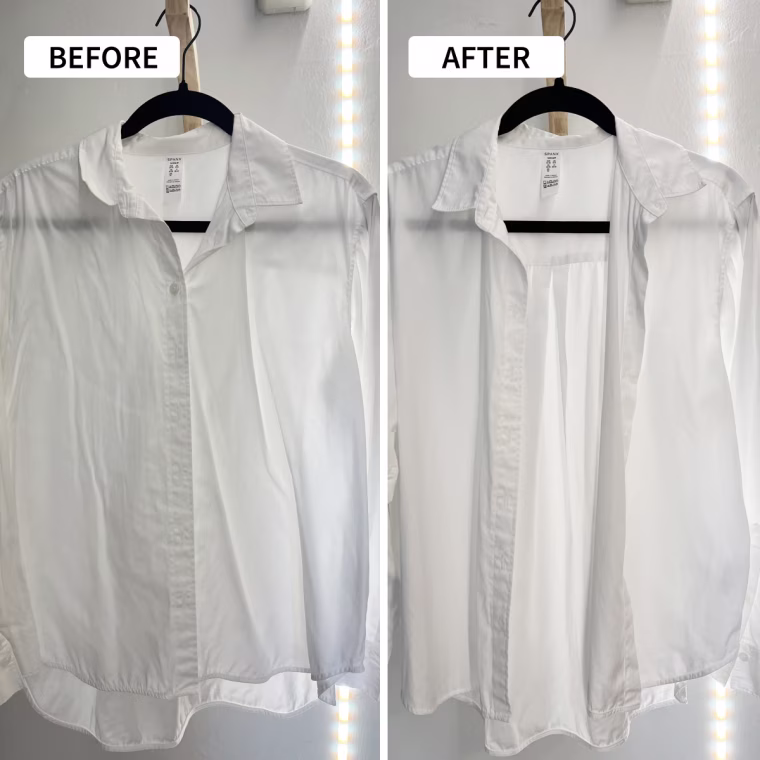Before and after steaming a linen button-down shirt using the Reemix steamer.