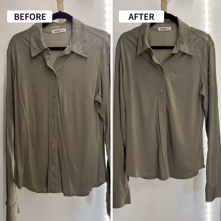 Before and after using the Rowenta AeroSteam Twist Deluxe Vacuum Steamer on a cotton-and-lyocell-blend shirt.