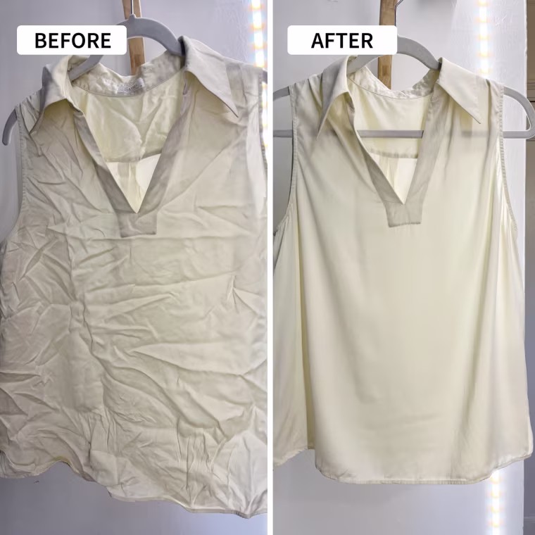 Before and after steaming a silk shirt with the Steamery Cirrus Core Frost.