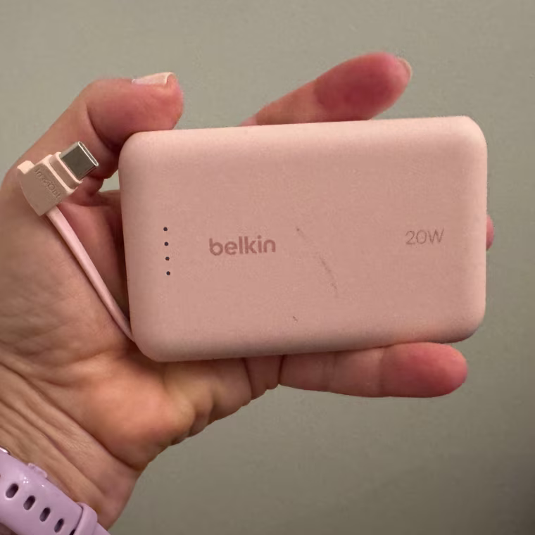 The Belkin BoostCharge power bank comes in cute colors and fits in the palm of your hand!