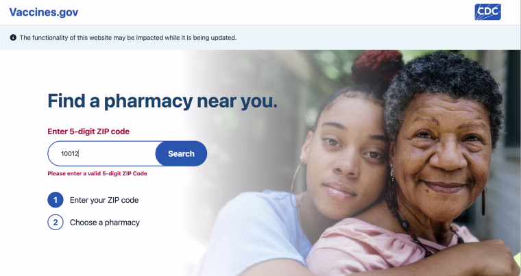 The Vaccine.gov tool generates an error message when a zip code is entered.