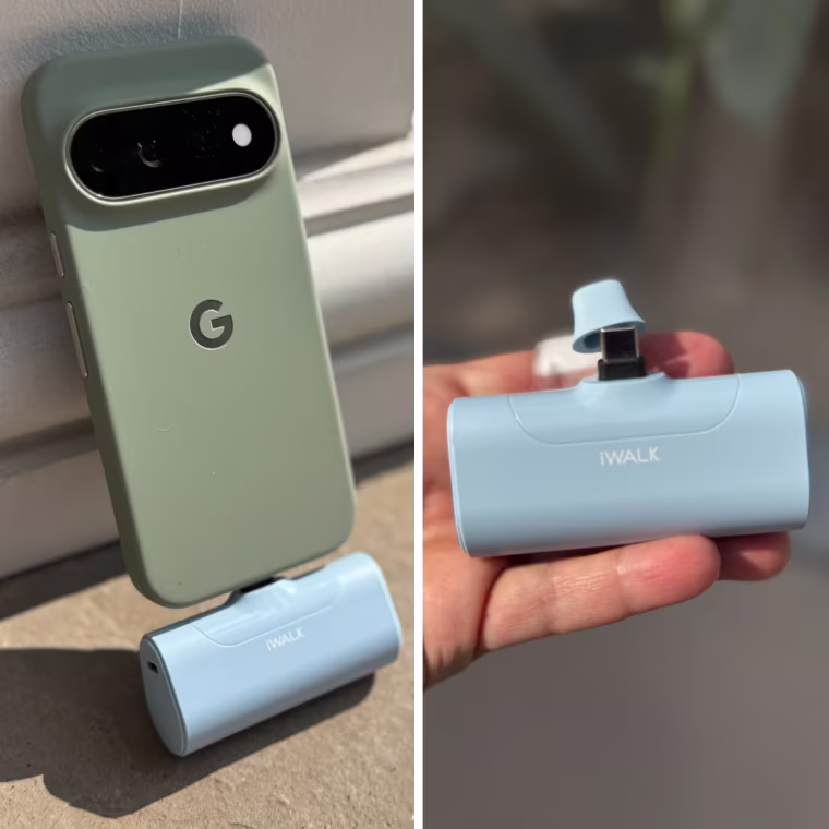 The iWalk portable charger can even double as a stand. You can also see the connector cover to keep the plug free from dirt and debris.