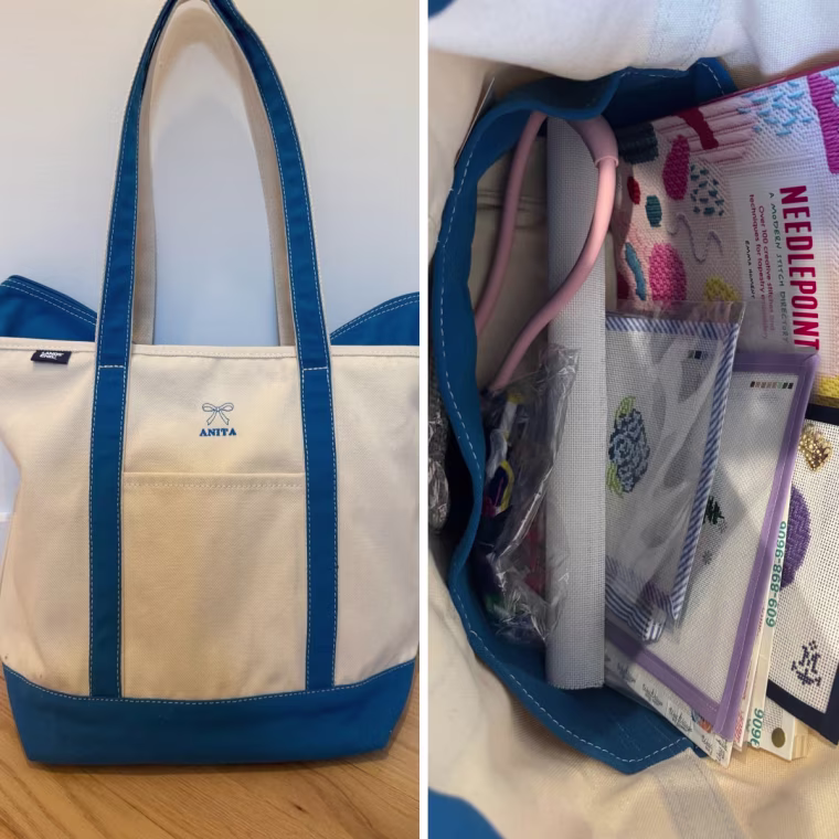Anita Chomenko stores her needlepoint essentials in the Lands' End zip tote version.