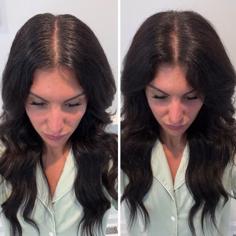 Living Proof Sheer Clean Non-Aerosol Dry Shampoo Mist before (left) and after (right).