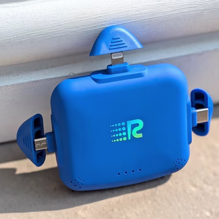 Each of the connectors on the RushCharge portable charger have connector covers to protect them from dirt and debris. 
