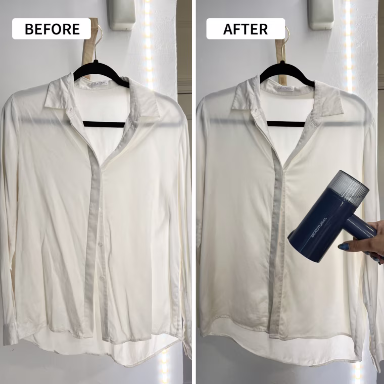 Before and after steaming a silk button-down shirt with the Beautural steamer.
