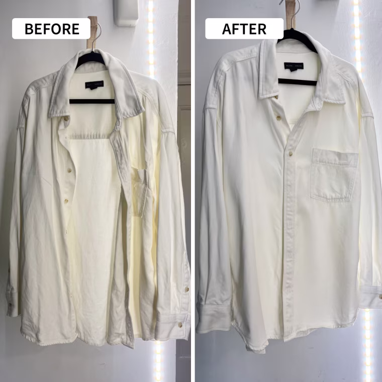 Before and after steaming a cotton button-down shirt with the Nori Cloud Max.