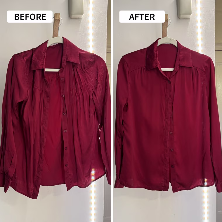 Writer Jannely Espinal's silk shirt before (left) and after (right) a pass with the Nori Cloud Max